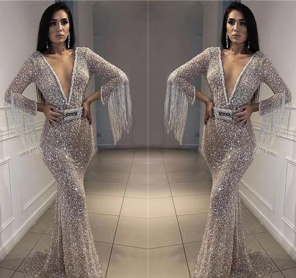 

silver sequins prom dress plunging v neck long sleeves pageant holidays graduation wear evening party gown custom made plus size, Black