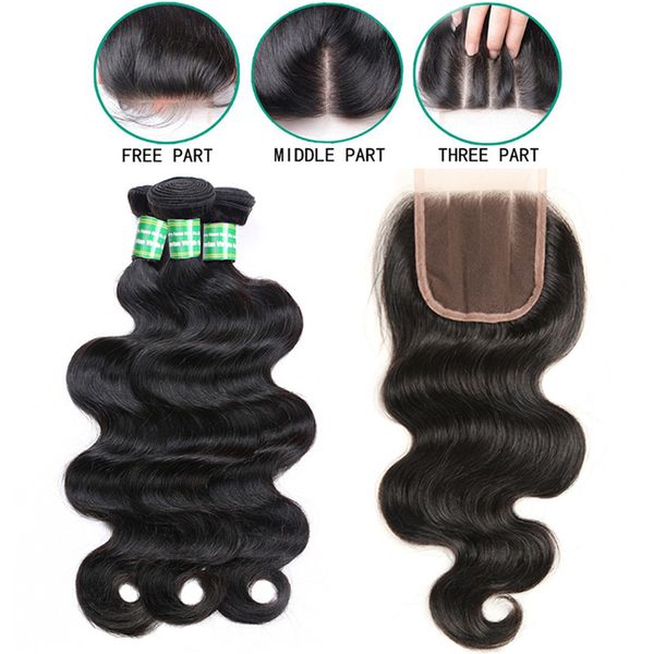 Remy Virgin Human Hair Weave With Lace Closure Body Wave Black