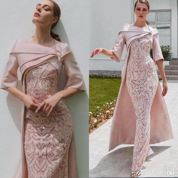 Bainha Dubai 2020 Vestidos de noite com Cabo Blush Rosa Lace Appliqued Stain meia manga Prom Dress até o chão ocasião formal do partido