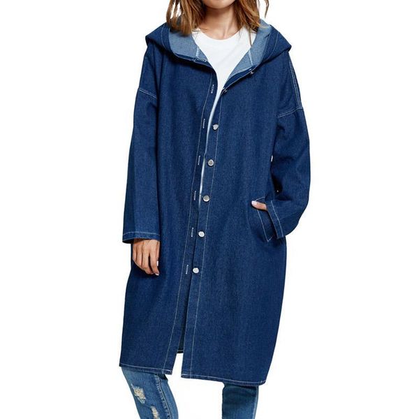 

wholesale- spring autumn basic jeans coat vintage hooded long women 2017 denim trench coat pockets dark blue solid coats chaquetas mujer, Tan;black