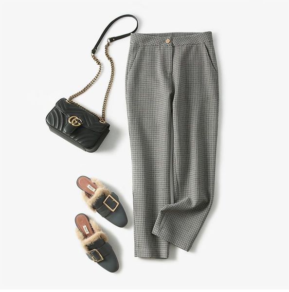 

gray and brown casual straight vintage women luxury brand pocket pants autumn winter designer plaid capris a50, Black;white