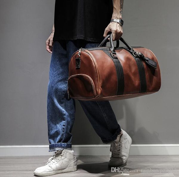 

factory wholesale men bag fashion striped leather shoulder mens travels bags retro crazy horse pu travel handbag multifunctional wet and dry