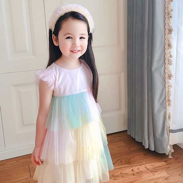 

girl's sweet dream cake dress color matching net yarn princess dress, Red;yellow