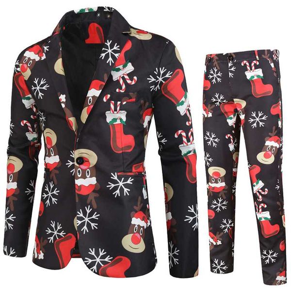 

men's suit new casual suit christmas 3d printed two-piece (jacket + pants) men's fashion slim, White;black