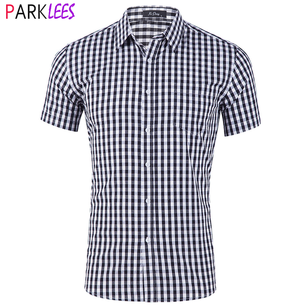 

mens white black plaid shirt 2020 brand new short sleeve standard-fit business formal shirt men button up checkered casual