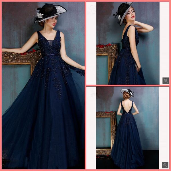 

2019 vestido de festa navy blue tulle a line lace appliques evening prom dress backless beaded v neck formal party evening gowns, Black;red