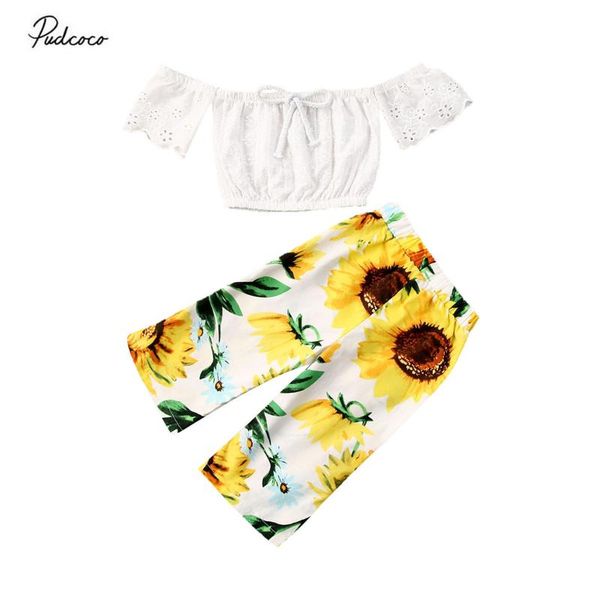 

2020 summer 2pcs toddler kids baby girl clothes boho off shoulder lace crop sunflower wide leg pants trousers outfits set, White