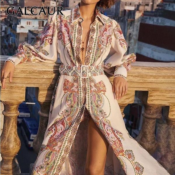 

galcaur vintage print women dress lapel lantern sleeve high waist button slim midi dresses female fashion 2019 summer new, Black;gray