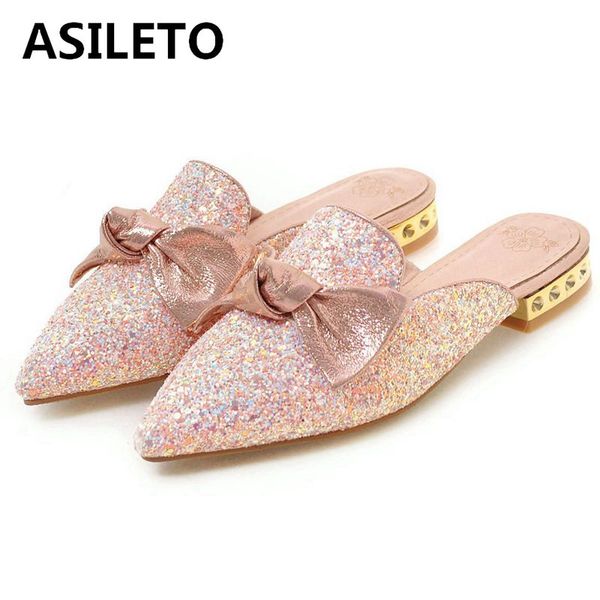 

asileto size 35-43 summer slippers women flat sandals bow knot sequined flat heels casual mules sabot talons hauts sandalias, Black