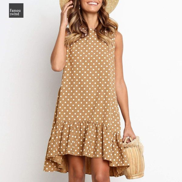 

лето 2019 платье платья в горошке мини женщина без рукавов сыпучего ruffles beach платья дамы повседневного o шея партии, Black;gray