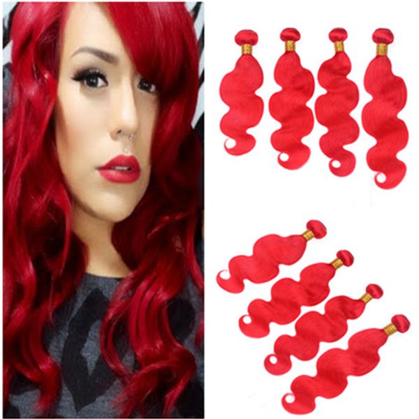 Virgin Peruvian Red Colored Human Hair Weaves Bundles Bright Red