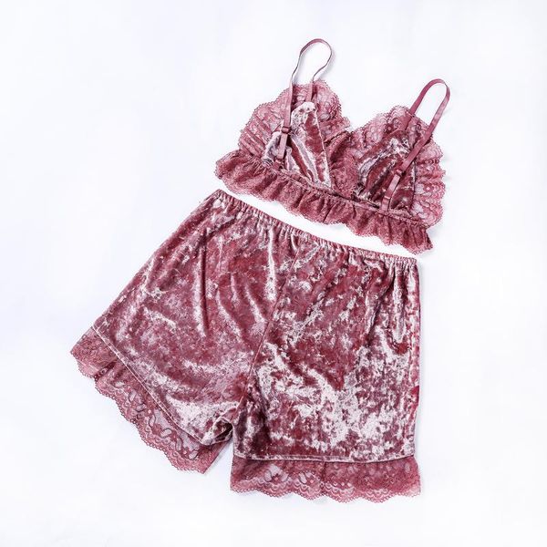 

new women velvet sleepwear lingerie set spaghetti strap velvet lace bra shorts pajamas 2pcs set ladies sleepwear, Black;red