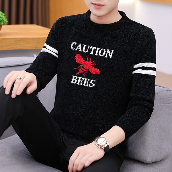 

autumn winter sweater men tide new vogue caution bees casual pullover men long sleeve o-neck patchwork knitted sweaters, White;black