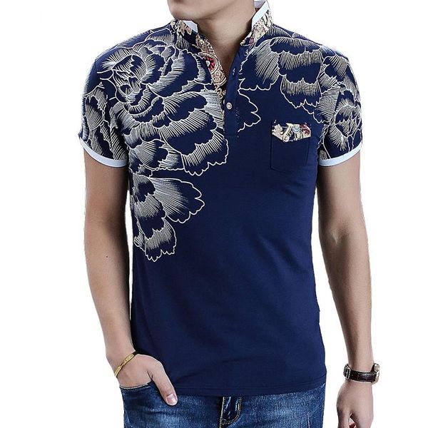 Camisa polo masculina moda flor impressão polo homme fino ajuste manga curta polo masculino verão topos t agradável L-3XL