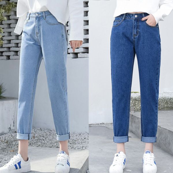 

fashion loose leisure denim pants trousers women high waist boyfriend jeans for women harem pants nine, Blue