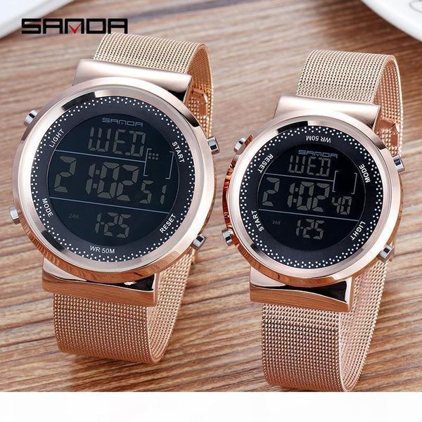 

women men digital watch rose gold stainless steel led electronic wristwatch fashion waterproof sports clock montre femme, Slivery;brown