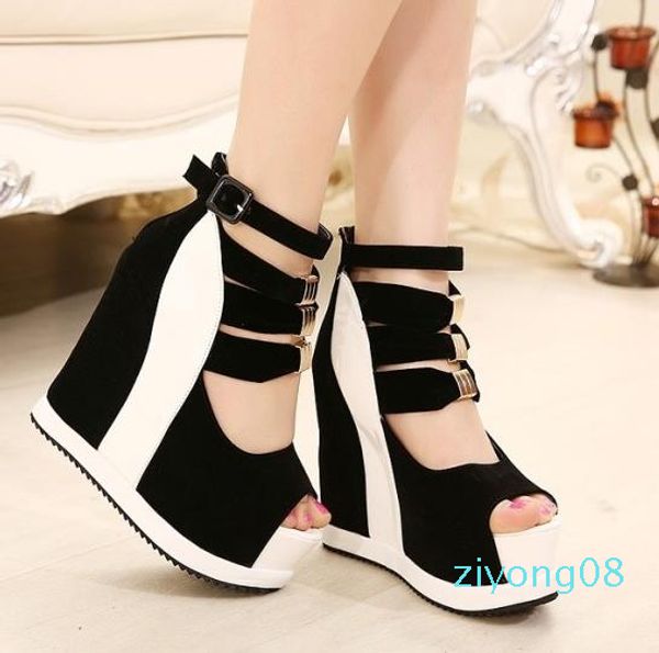 

танкетке для женщин лето натуральная женщины толстый подошве платформа сандалии клинья высокой пятки 14 см открытым носком смешанные цвета с, Black