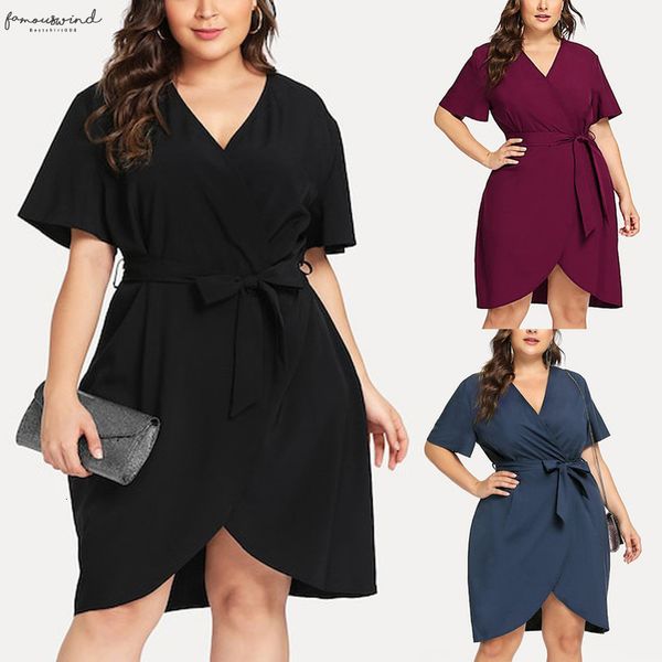 

2020 fashion casual women 5xl plus size v neck belt knee length bandage solid curved hem surplice wrap knee length dress, Black;gray