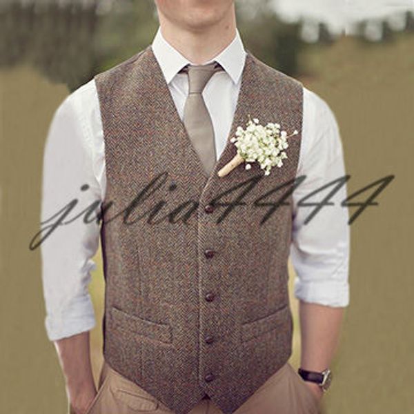 2019 Farm Wedding Brown Herringbone Wool Suit Tweed Coletes Custom Made do noivo Vest Magro casamento Vest Para Homens Plus Size do smoking Colete Homens