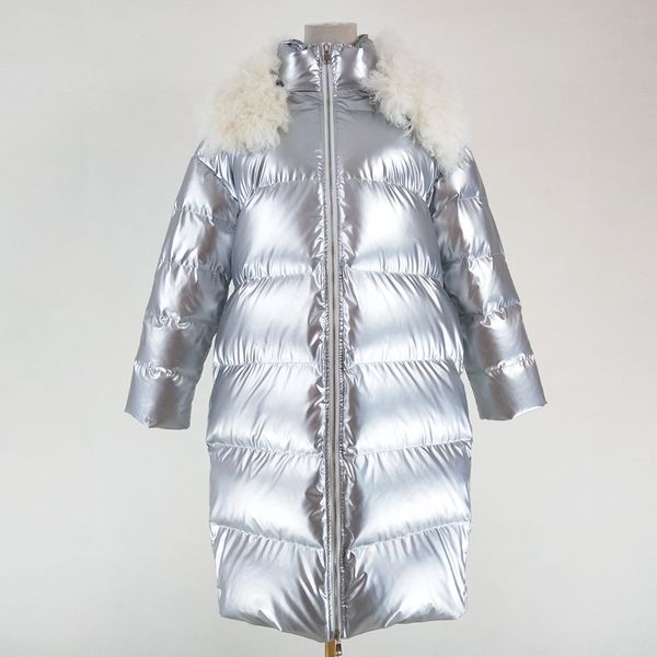 

silver parka real fur 2019 women coat winter 90% white duck down jacket long clothes hooded with genuine sheep fur warm jackets, Black