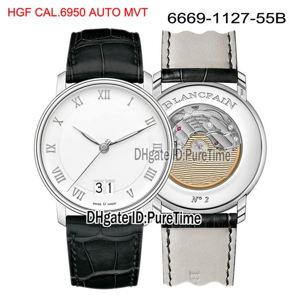 

new hgf villeret grande date 6669-1127-55b cal.a6950 automatic mens watch steel case white dial black leather strap edition puretime, Slivery;brown