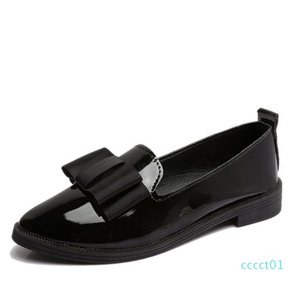 

spring flats women shoes bowtie loafers patent leather elegant low heels slip on footwear female pointed toe thick heel ct1, Black