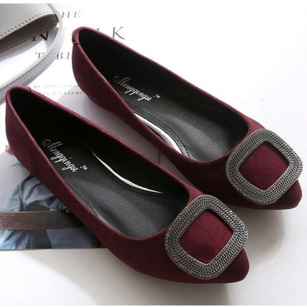 

35~43 Plus Size Women Crystal Flat Shoes Rhinestone Buckle Suede Leather Single Shoes Spring Ladies Slip On Loafers Ballet Flats