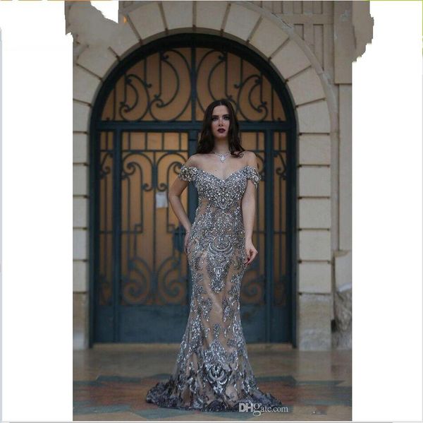 

2019 new amazing prom dresses off the shoulder illusion back major beading sweep train gray formal long evening gowns custom 1117, Black