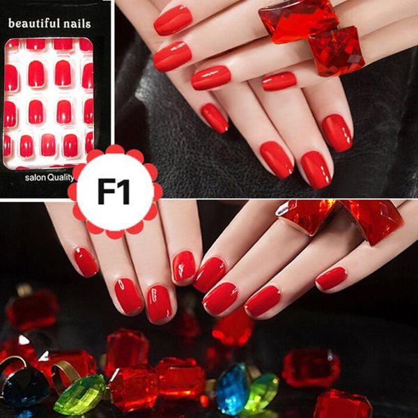 

24pcs short square full cover colorful woman temperament pure manicure patch milk brown color false nails stickers decals, Black