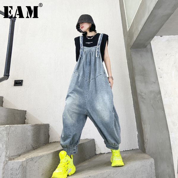 

eam] high waist blue long denim wide leg overalls trousers new loose fit pants women fashion tide spring summer 2020 1u845, Black;white