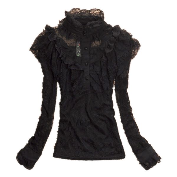 

women lace blouse 2019 spring elegant stand collar summer long sleeve solid casual hollow out shirt blusas feminina, White