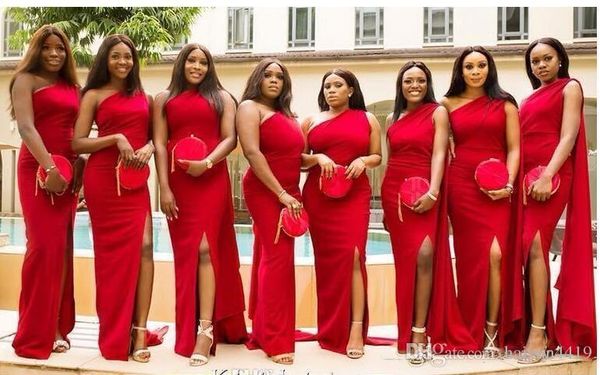 

african nigerian long mermaid long bridesmaid dresses one shoulder front side split floor length wedding guest party maid of honor dresses, White;pink