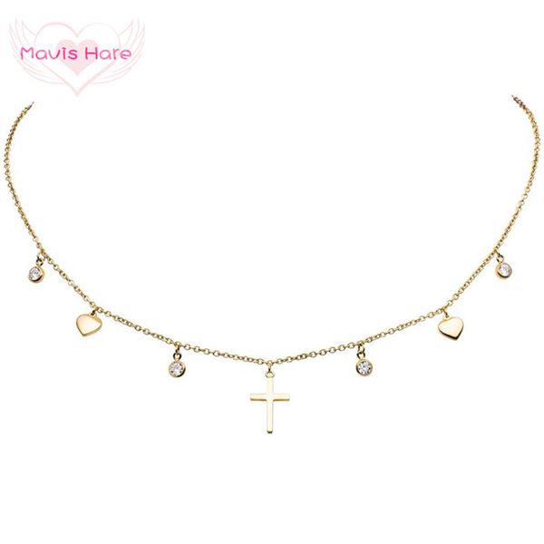 

mavis hare stainless steel heart cross crystal charms choker necklace 35+5cm choker necklace as woman gift 2019 newest, Silver