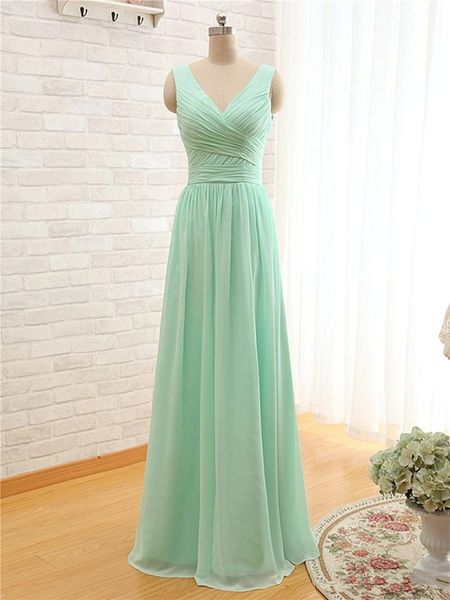 2020 New Mint Green Long Chiffon Dridade Vestido V Neck barato Uma linha plissada vestidos de dama de honra sob 100