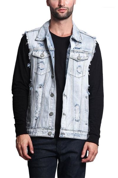 

hole denim jacket vest vintage waistcoats mens jean coat ripped slim fit male jackets designer mens denim vest casual sleeveless, Black;white