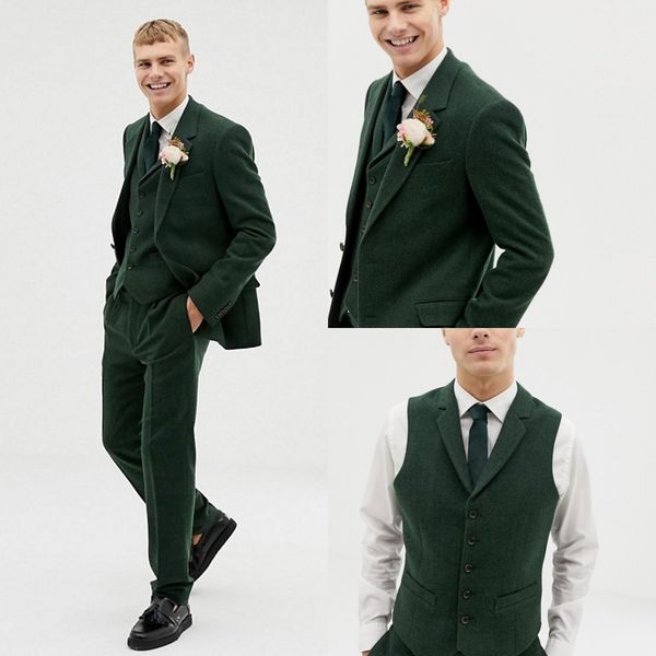 

dark green tweed men wedding tuxedos 3 pieces two button groom wear formal prom designer blazer suits(jacket+vest+pants), Black;gray