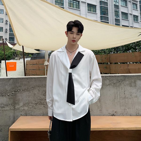

men tie collar long sleeve loose splice casual shirt male streetwear hip hop party dress shirts stage show clothes, White;black