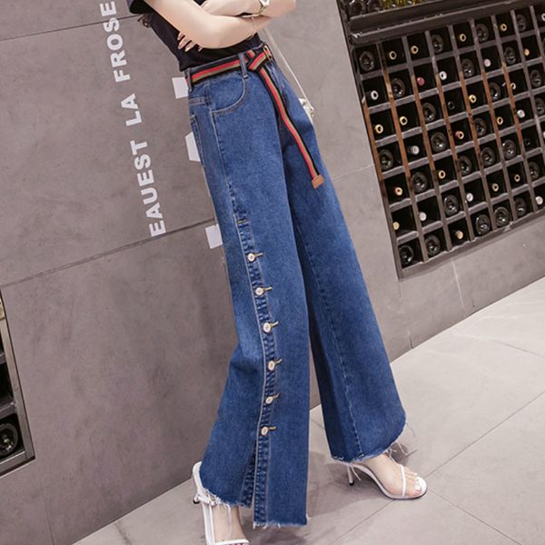 

women jeans side split button splice loose high waist wide leg trouser female streetwear hip hop punk harem straight denim pants, Blue