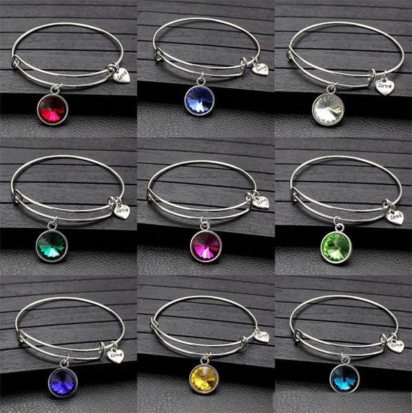 

12 colors birthday stone crystal pendant bracelet alloy rhinestone push pull round hand ring heart love charm adjustable women jewelry gifts, Golden;silver