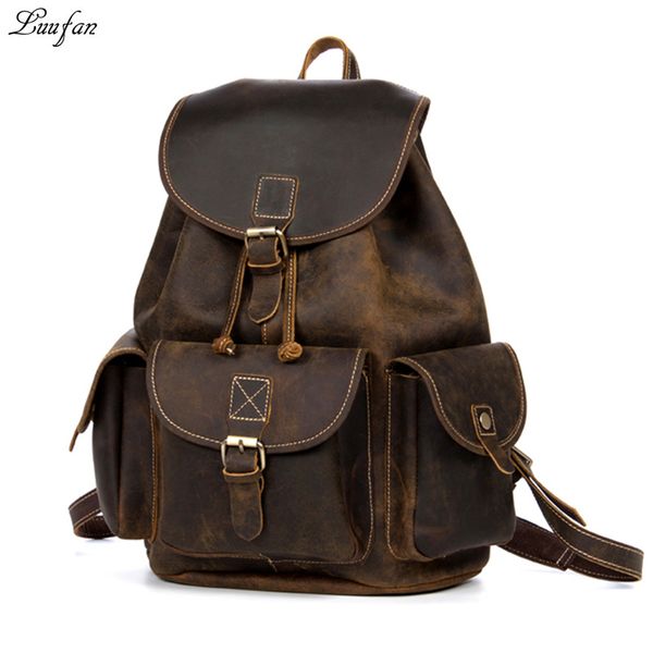 

crazy horse leather backpacks women brown cow leather laprucksack vintage real leather school bag durable messenger t200114