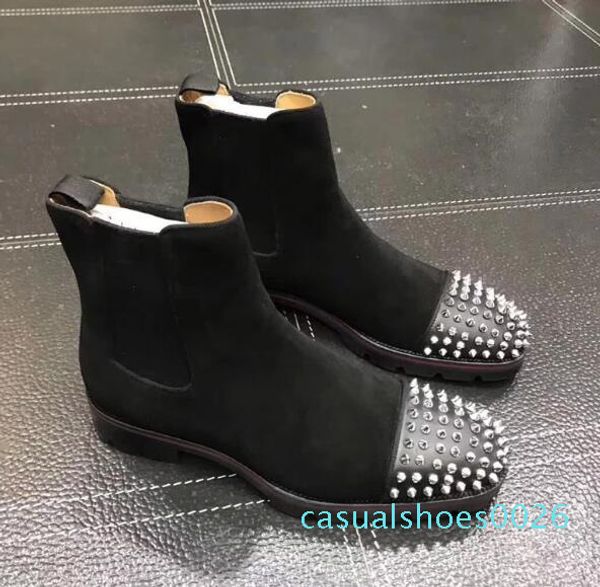 

fashion luxury men boots red bottom design men ankle boots low heels genuine leather suede with rivets melon spikes short knight c26, Black