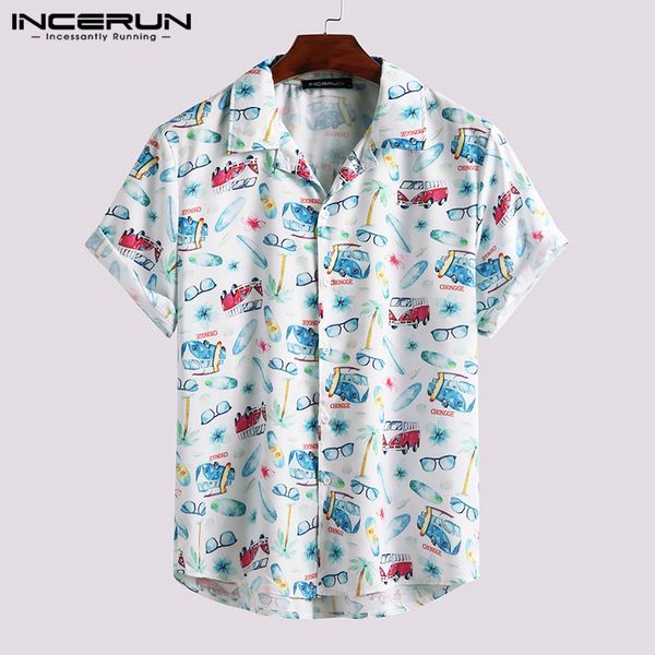 

2020 fashion men printed shirts short sleeve turn down collar shirt casual loose streetwear blouse summer hawaiian beach, White;black