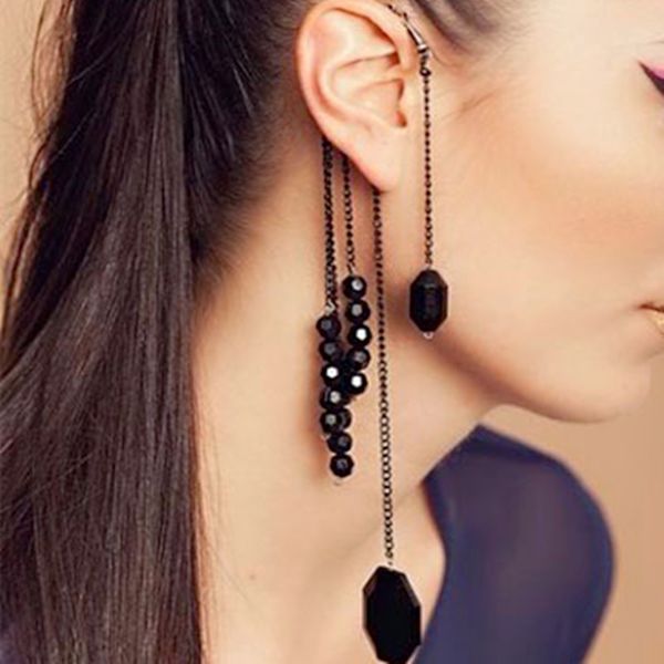 

fashion vintage rock punk exquisite black beads long tassels hanging ear clip on clip earrings women jewelry clamp cuff earring, Silver
