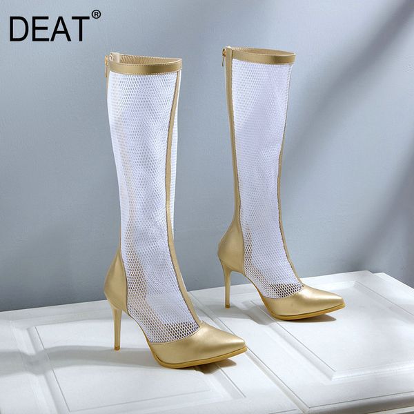 

deat] 2020 sharp toe zipper hollow out mesh pu leather single women high tube cool boots new spring summer fashion tide 10g172, Black