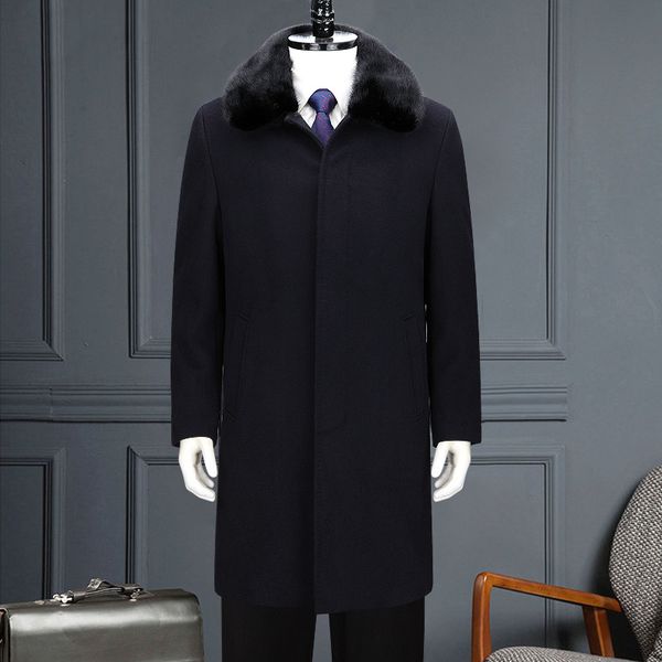 

new winter men coat mink mens fur collar coat 65% wool overcoat thickened casual covered button plus size m-4xl, Black