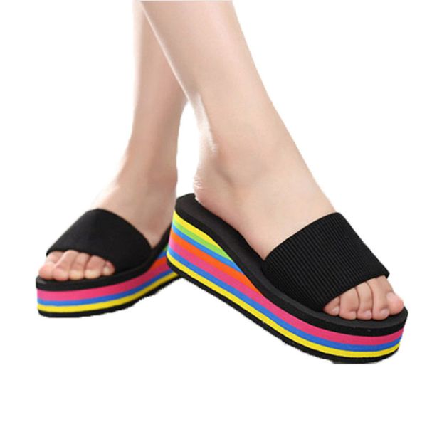 

2020 summer women's shoes new korean version high heel rainbow sponge cake wedge sandals women's slippers, Black