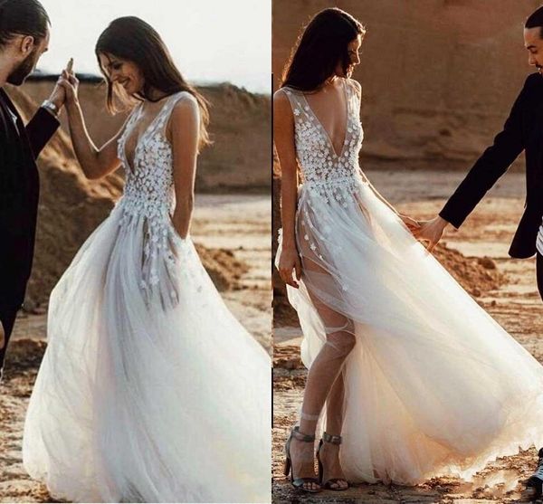 

romantic beach bohemian wedding dresses deep v neck sleevesless layered train zipper back bridal gowns vestidos de soiree, White