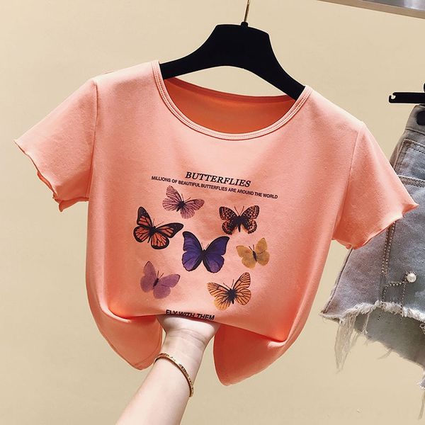

summer 2020 short t-shirt women's slim short sleeve butterfly slim butterfly printing tight navel top, White