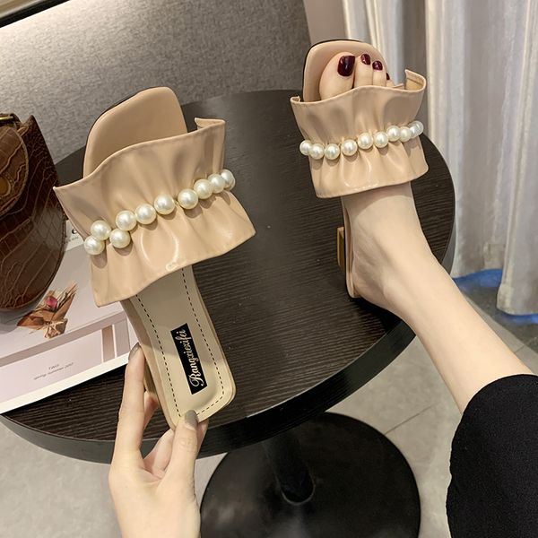 

shoes for girls womens slippers outdoor square heel string bead slides fashion low pantofle lady block summer 2020 hoof, Black