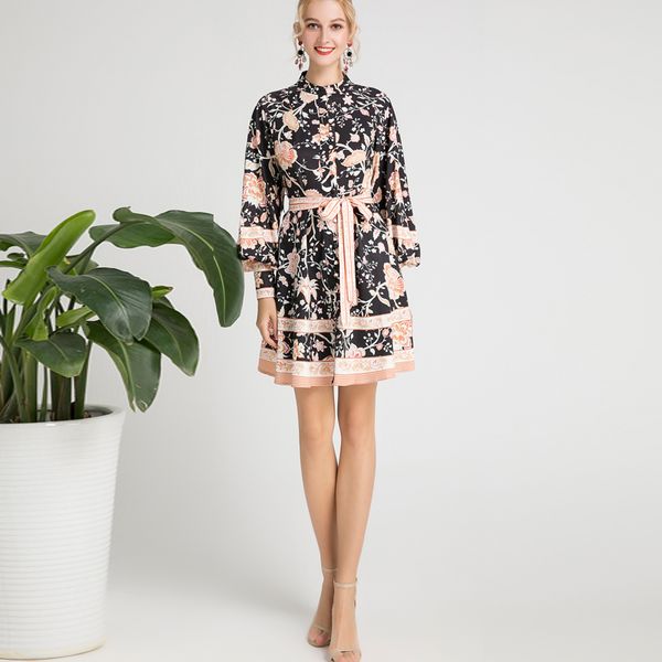 

xiaomoli осень 2019 новый длинный рукав античная печать платье с тонким поясом и тонкий леди, Black;gray